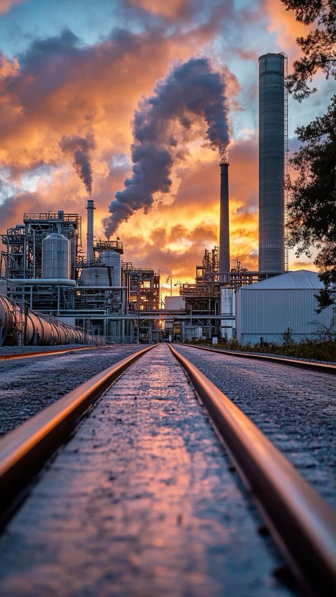 Gleise führen zu einer Industrieanlage im Abendlicht