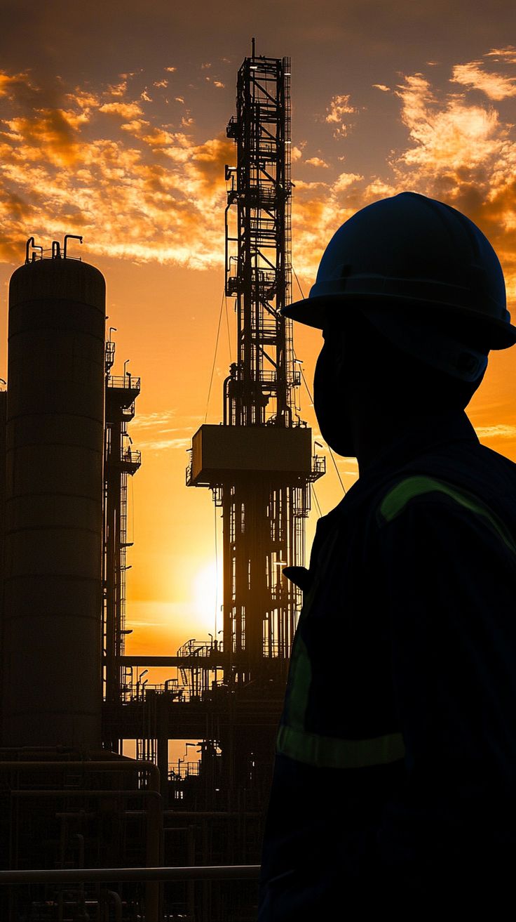 Person mit Schutzhelm vor einer Industrieanlage im Sonnenuntergang
