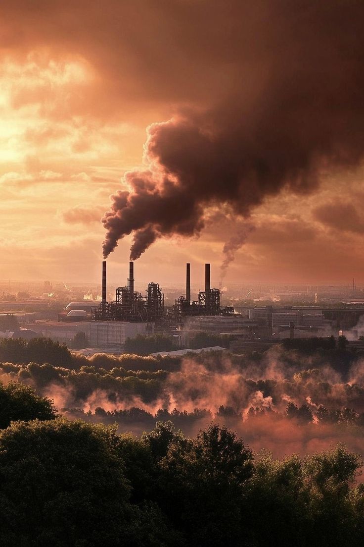 Industrieanlage hinter einem Wald unter dramatischem Abendhimmel