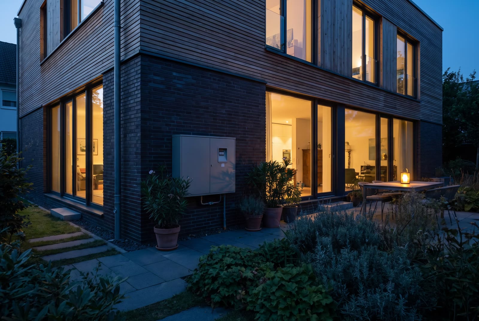 Beleuchtetes Wohnhaus am Abend